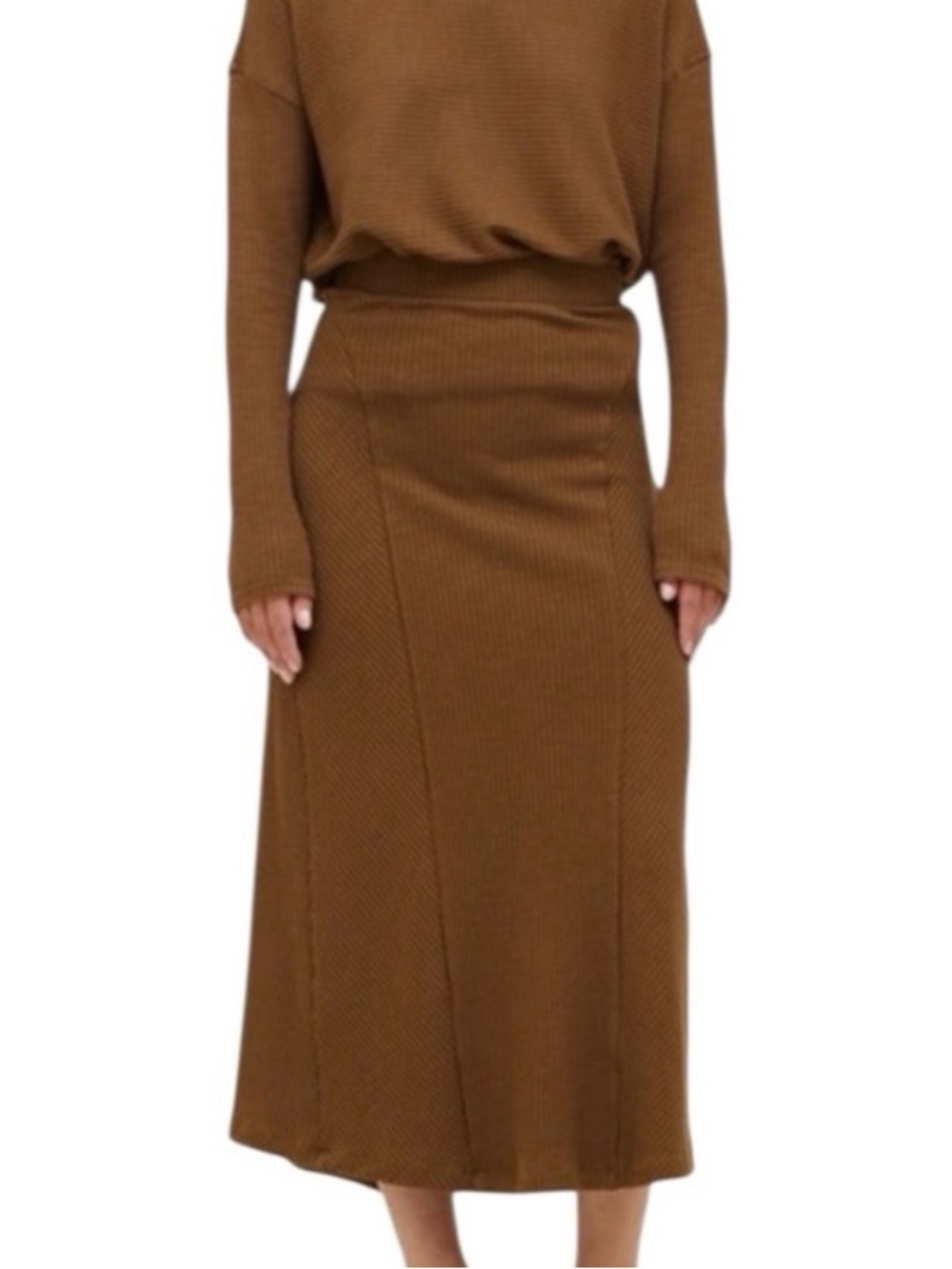 Grade and Gather Brown Knit-Ribbed Midi Skirt, S